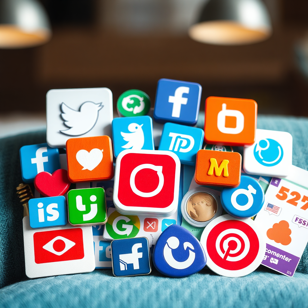 A collage of social media icons and marketing materials, such as flyers and posters. The icons should be recognizable and visually appealing. The composition should emphasize the importance of marketing in driving traffic to the website. Use a bright and cheerful color palette with pops of color to draw the eye. The lighting should be soft and diffused, creating a comfortable and welcoming atmosphere. Style reference: Social media marketing campaigns, advertising agencies.