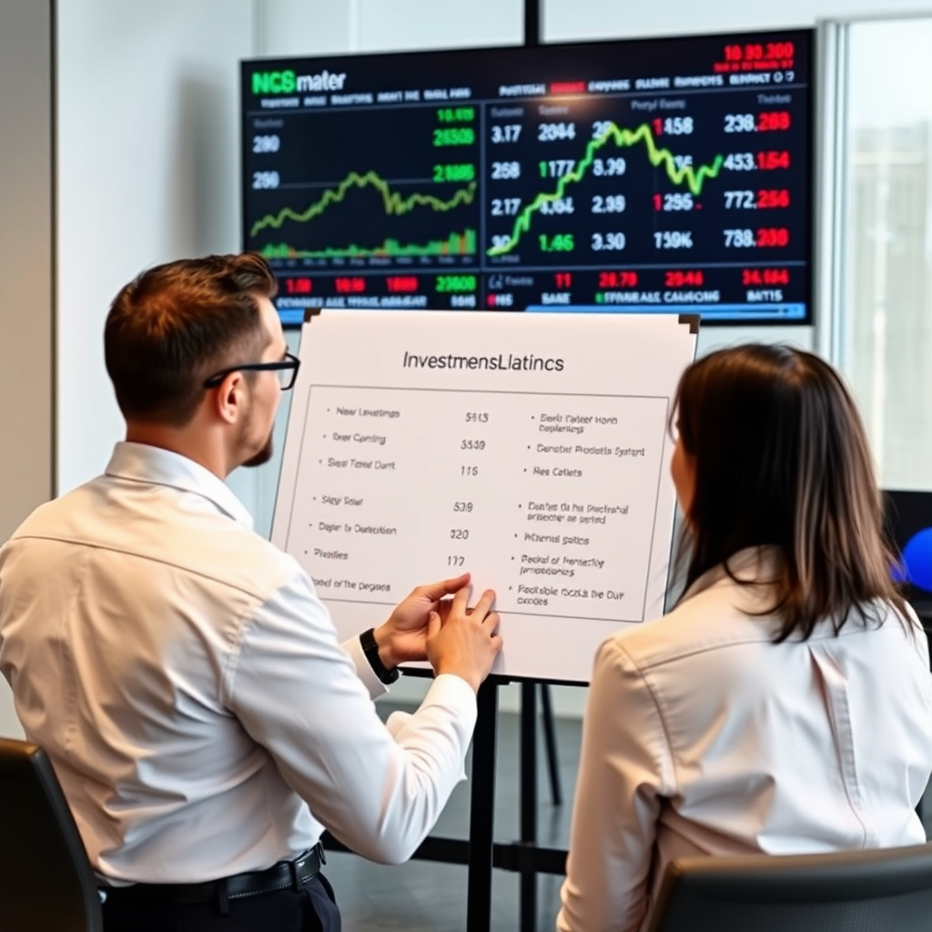 A consultant presenting investment options to a client, highlighting potential returns and growth projections. The setting is a modern office with market data displayed on a screen.