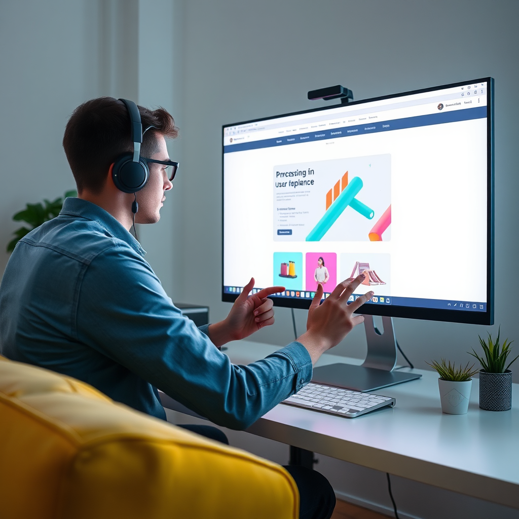 A designer working on a website mockup on a large screen, focusing on the user interface and user experience. The screen should display a modern and clean website design with clear navigation and engaging visuals. The composition emphasizes the importance of user-centered design in creating successful websites. Use a bright and cheerful color palette with pops of color to draw the eye. The lighting should be soft and diffused, creating a comfortable and welcoming atmosphere. Style reference: Web design portfolios, UI/UX design agencies.