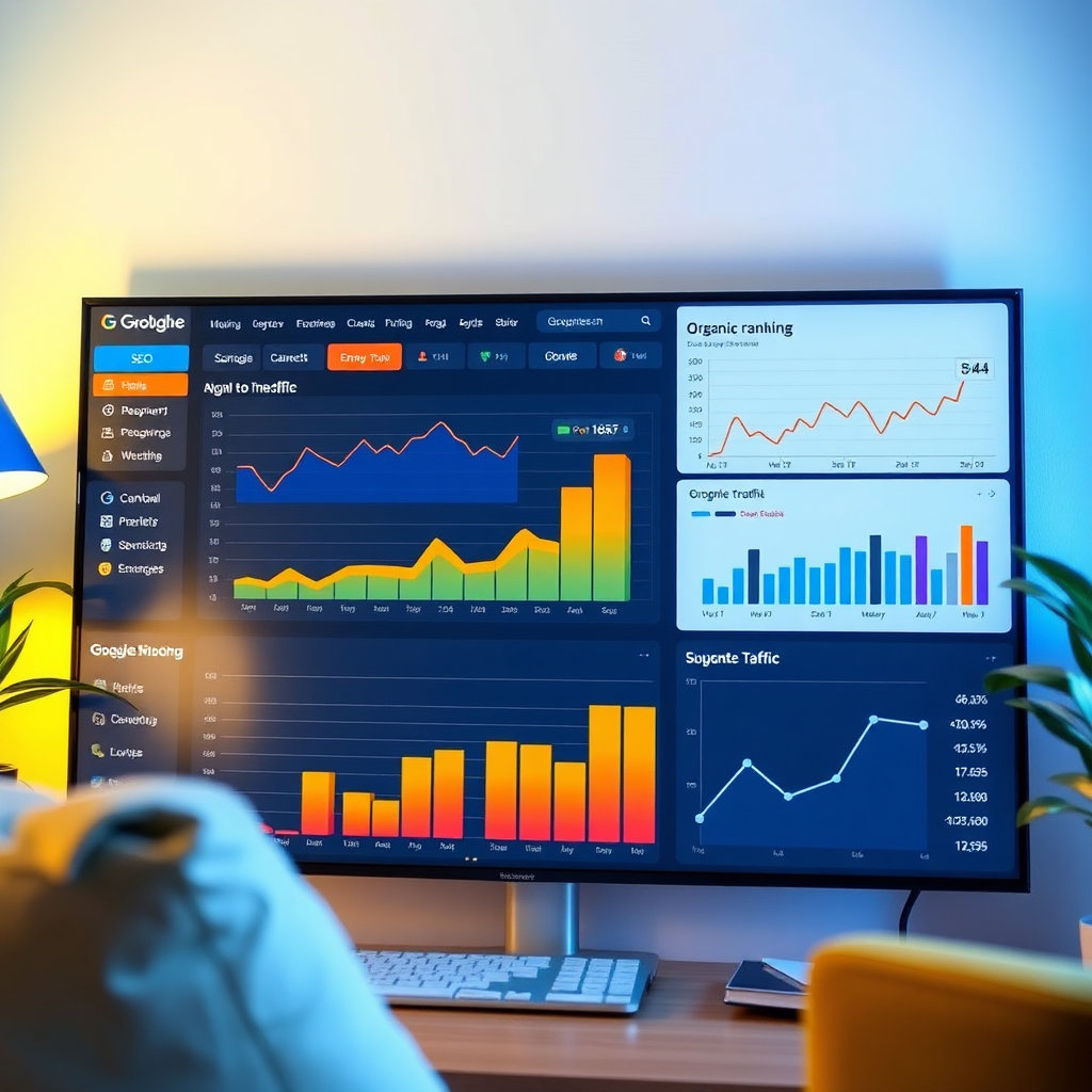 A digital dashboard displaying search engine optimization (SEO) metrics, such as keyword rankings, organic traffic, and bounce rate. The dashboard should be visually appealing and easy to understand, with charts and graphs that illustrate the website's SEO performance. The composition should emphasize the importance of SEO in driving traffic to the website. Use a bright and cheerful color palette with pops of color to draw the eye. The lighting should be soft and diffused, creating a comfortable and welcoming atmosphere. Style reference: Google Analytics, SEMrush.