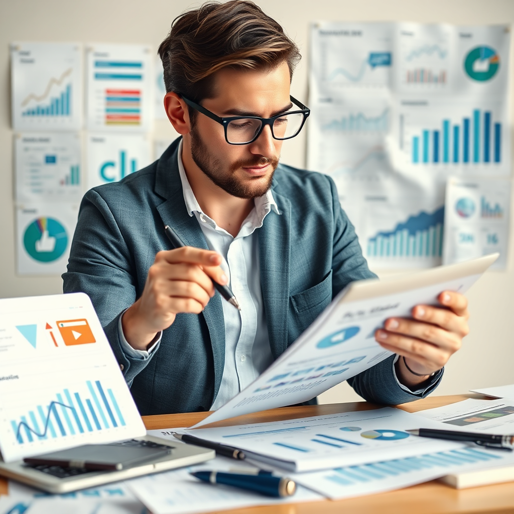 A digital marketing specialist analyzing data and creating strategies for online campaigns. The scene includes various digital marketing tools, such as social media dashboards, analytics reports, and SEO tools. The composition emphasizes the importance of data-driven decision-making in digital marketing. Use a professional and trustworthy color palette with blues, greens, and grays. The lighting should be soft and diffused, creating a comfortable and welcoming atmosphere. Style reference: Digital marketing agencies, online advertising platforms.