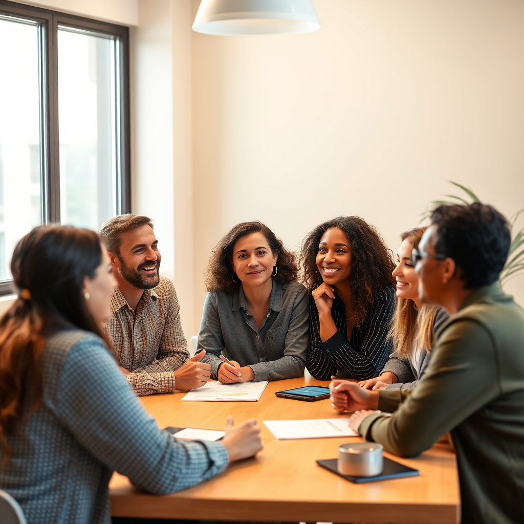 A diverse group of individuals engaged in a focus group discussion. They are seated around a table, expressing their opinions and needs regarding online training products. The atmosphere is relaxed and collaborative, with a facilitator guiding the conversation. Capture expressions of interest, curiosity, and thoughtful consideration. The lighting is warm and inviting, creating a comfortable and open environment. Use a natural color palette to reflect the authenticity of the interaction. The camera angle is slightly wide, capturing the entire group and their interactions. Technical specs: 4K resolution, high quality.
