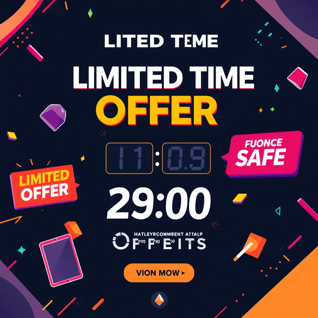 A dynamic and eye-catching image showcasing limited-time offers and promotions. The image should feature a sense of urgency and excitement, with elements like countdown timers and special offer banners. Use a bold and vibrant color palette to attract attention. The style should be modern and promotional, inspired by e-commerce advertising campaigns. Focus on conveying the message of exclusive deals and time-sensitive opportunities.