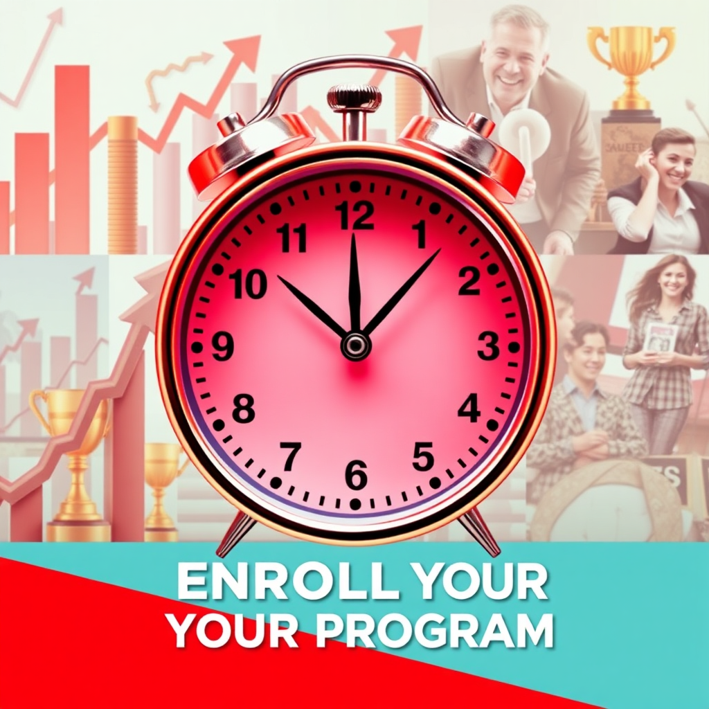 A dynamic image of a clock ticking down, emphasizing the limited time remaining. The background is a montage of success symbols, such as rising charts, trophies, and happy customers. The color scheme is urgent and compelling, using shades of red, orange, and yellow to create a sense of urgency. This image motivates viewers to take immediate action and enroll in the program.