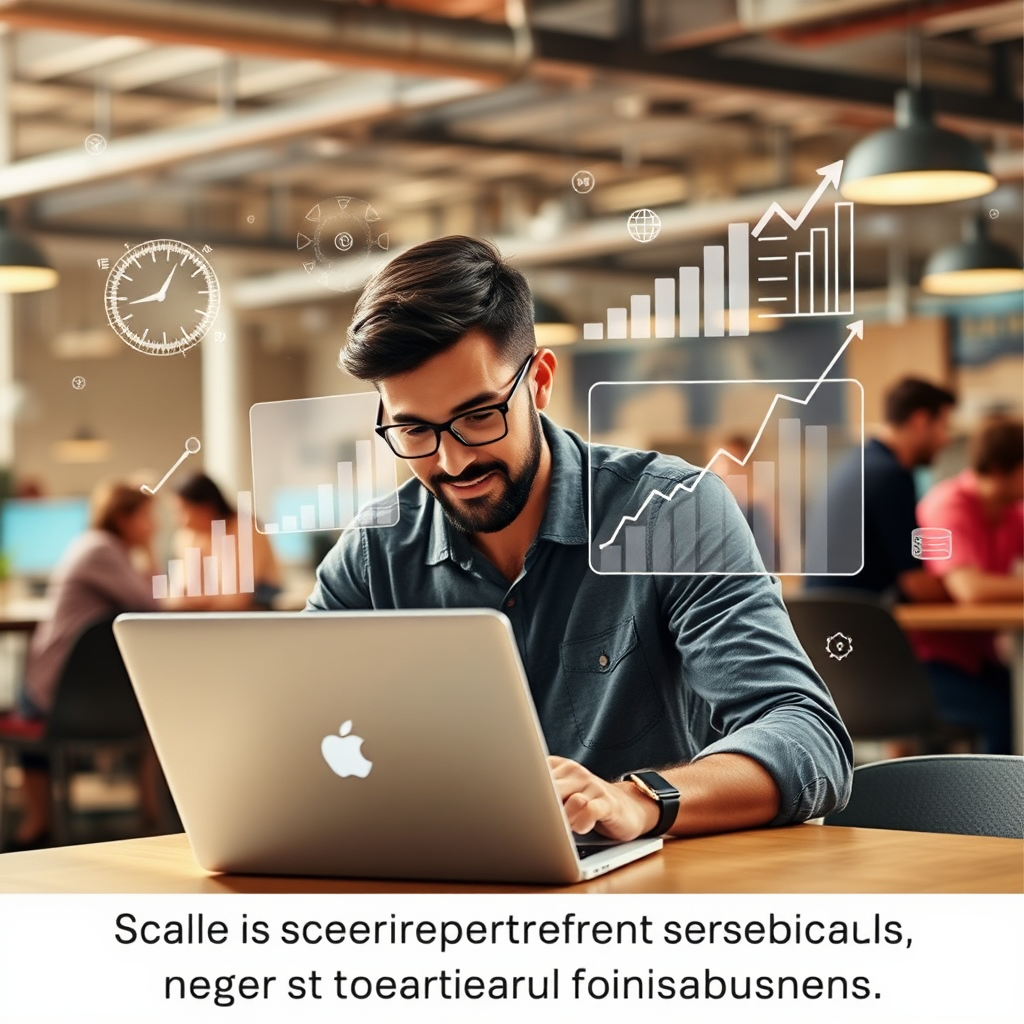 A dynamic image of an entrepreneur working on a laptop, surrounded by data visualizations and growth charts. The background is a bustling co-working space, symbolizing innovation and collaboration. The atmosphere is energetic and driven, with a focus on achieving ambitious goals. This image represents the program's relevance to entrepreneurs seeking to scale their businesses.