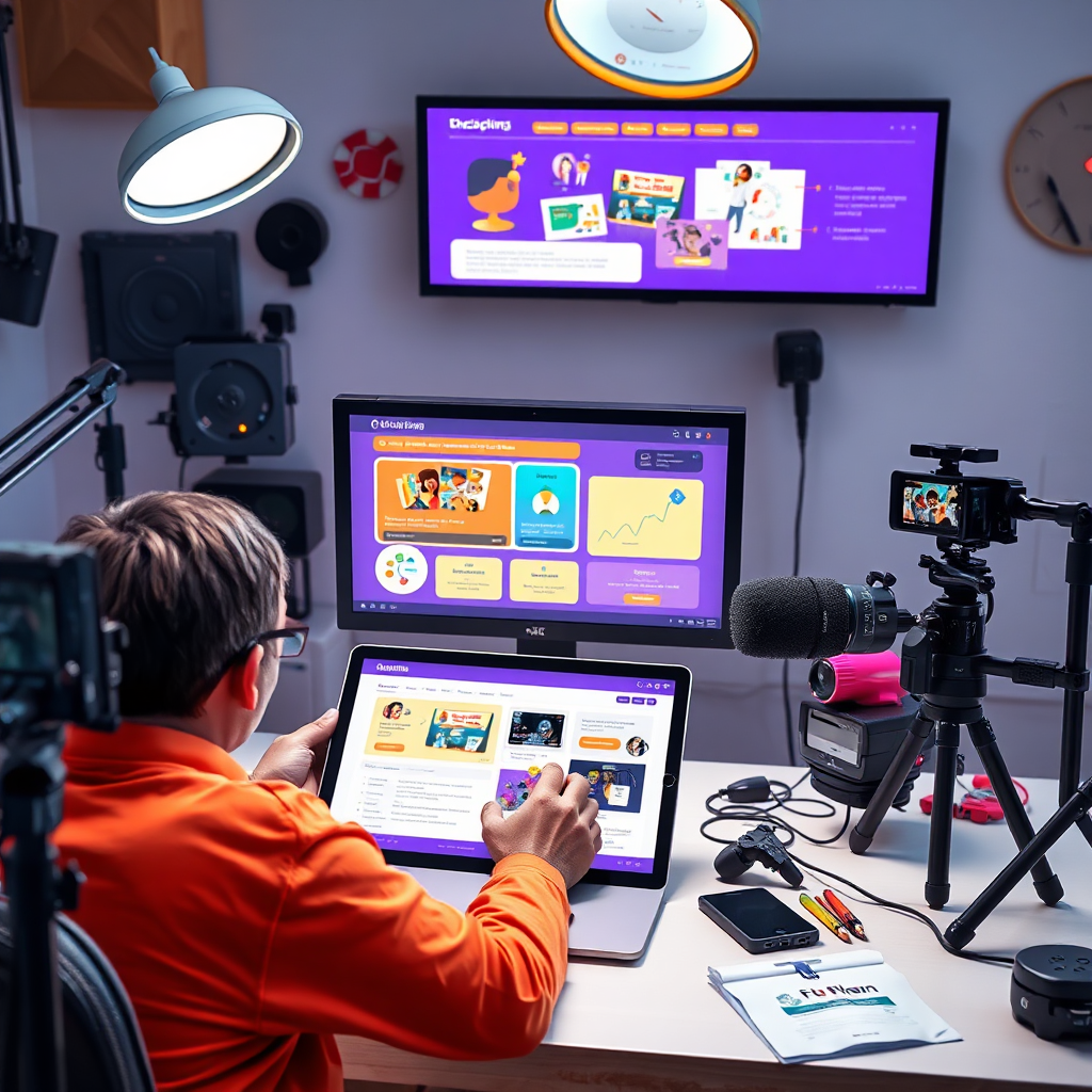 A dynamic scene showcasing a content creator working on an interactive online training module. The creator is surrounded by various tools and technologies, including a laptop, tablet, microphone, and video camera. The screen displays a visually appealing and engaging training interface with interactive elements, such as quizzes, videos, and animations. The overall style is creative and innovative, with a focus on visual storytelling. Use a vibrant color palette to emphasize the energy and excitement of the content creation process. The lighting is bright and focused, highlighting the details of the tools and technologies. Technical specs: 4K resolution, high quality.