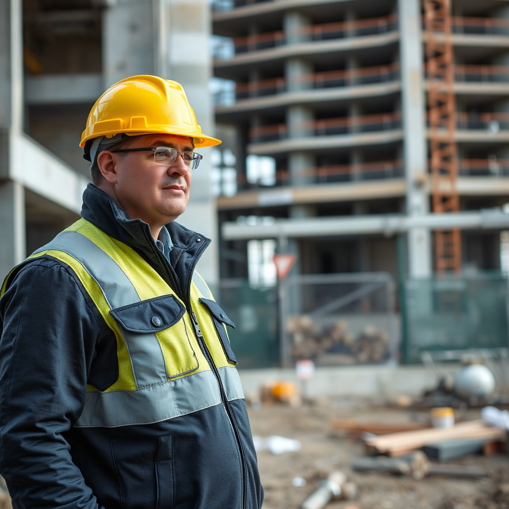 A expert inspecting building a construction site, ensuring its upkeep and quality. The image should convey professionalism and attention to detail.