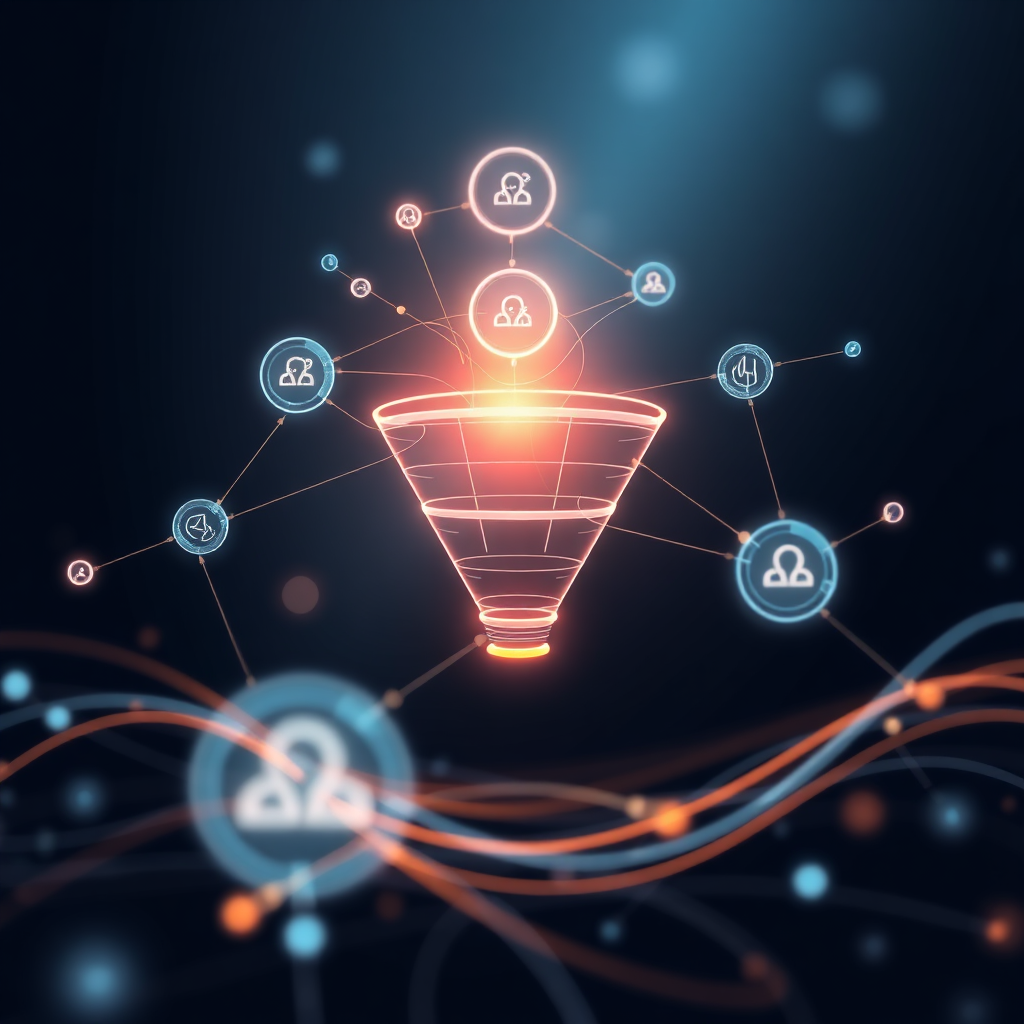 A futuristic and abstract image visualizing the automation of sales processes. Depict a network of interconnected nodes and lines, representing different stages of the sales funnel. Use a clean and minimalist style with a limited color palette. Incorporate elements like flowing data streams and automated workflows. The overall impression should be efficient, seamless, and intelligent. The style should be inspired by modern UI design and automation software interfaces. Focus on conveying the idea of effortless sales process management.
