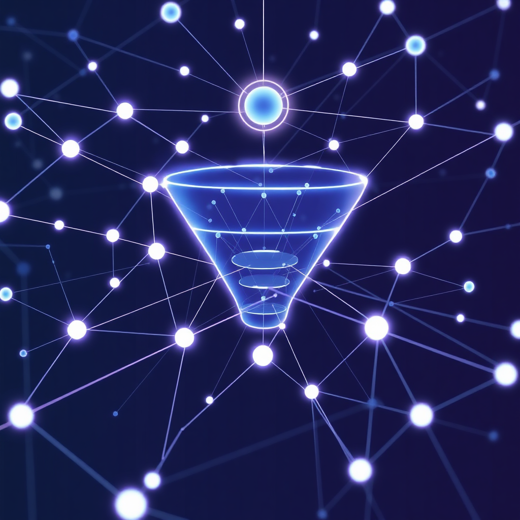 A futuristic and abstract image visualizing the automation of sales processes. Depict a network of interconnected nodes and lines, representing different stages of the sales funnel. The style should be clean and minimalist, inspired by modern UI design and automation software interfaces.