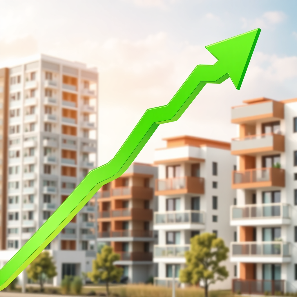 A graph depicting upward trending property values, superimposed on a background of modern residential buildings. The color palette is green and gold, symbolizing growth and prosperity. Focus on visually representing the concept of increasing investment value.