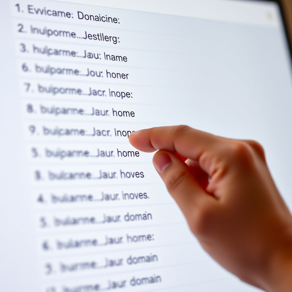 A hand selecting a domain name from a list of available options. The domain names should be relevant to the website's topic and easy to remember. The composition should emphasize the importance of choosing a good domain name for branding and SEO. Use a bright and cheerful color palette with pops of color to draw the eye. The lighting should be soft and diffused, creating a comfortable and welcoming atmosphere. Style reference: Domain name registrar websites, branding agencies.