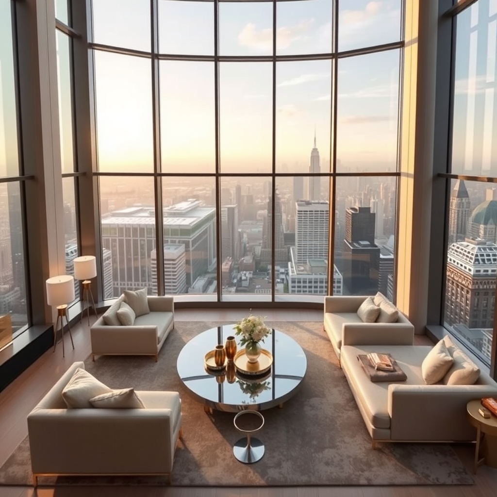 A luxurious penthouse apartment with floor-to-ceiling windows offering stunning city views. The interior design is modern and sophisticated. The color palette is neutral with accents of gold and silver, symbolizing luxury and exclusivity.