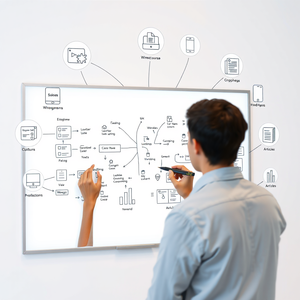 A modern, minimalist image representing the design process of a training product. A person is working on a digital whiteboard, sketching out the structure of an online course. They are using various tools, such as flowcharts, mind maps, and wireframes. The whiteboard is surrounded by icons representing different types of content, such as videos, quizzes, and articles. The overall style is clean and professional, with a focus on clarity and organization. Use a cool and calming color palette to convey a sense of focus and efficiency. The camera angle is slightly angled, capturing both the person and the whiteboard in the frame. Technical specs: 4K resolution, high quality.
