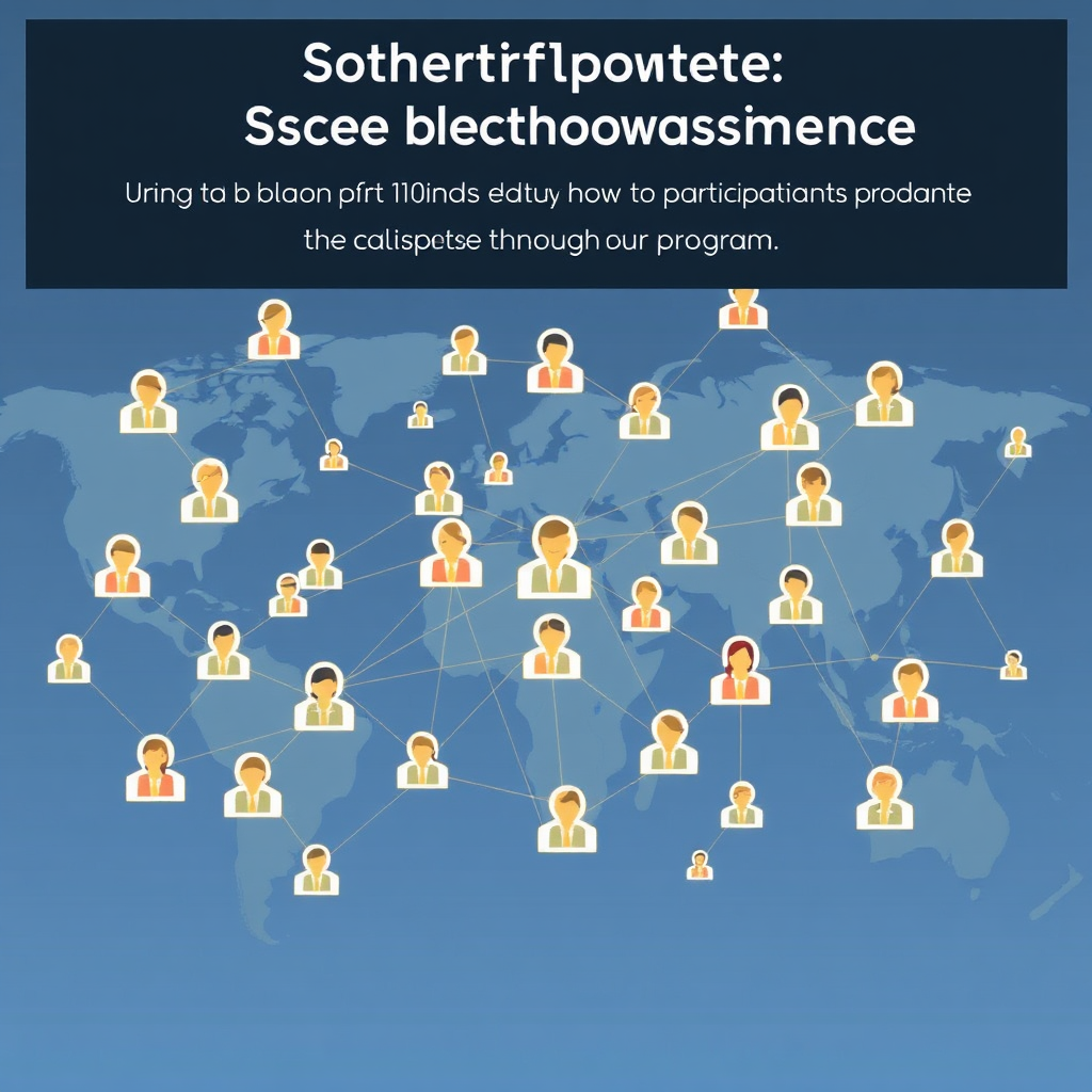 A network diagram representing a vast and interconnected network of sales professionals. The background is a world map, symbolizing the global reach of the network. The connections between individuals are highlighted, representing the collaboration and knowledge sharing that occurs within the network. The image represents the valuable connections and networking opportunities that participants will gain through the program.
