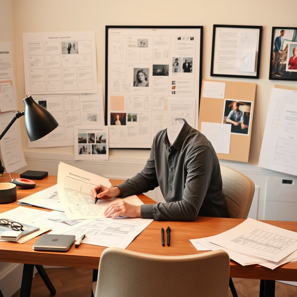 A person sitting at a desk, carefully planning a website design. The person is surrounded by sketches, wireframes, and mood boards. The composition should emphasize the importance of planning in creating a successful website. Use a warm and inviting color palette with soft lighting to create a comfortable and welcoming atmosphere. Style reference: Interior designer's studio, architect's office.