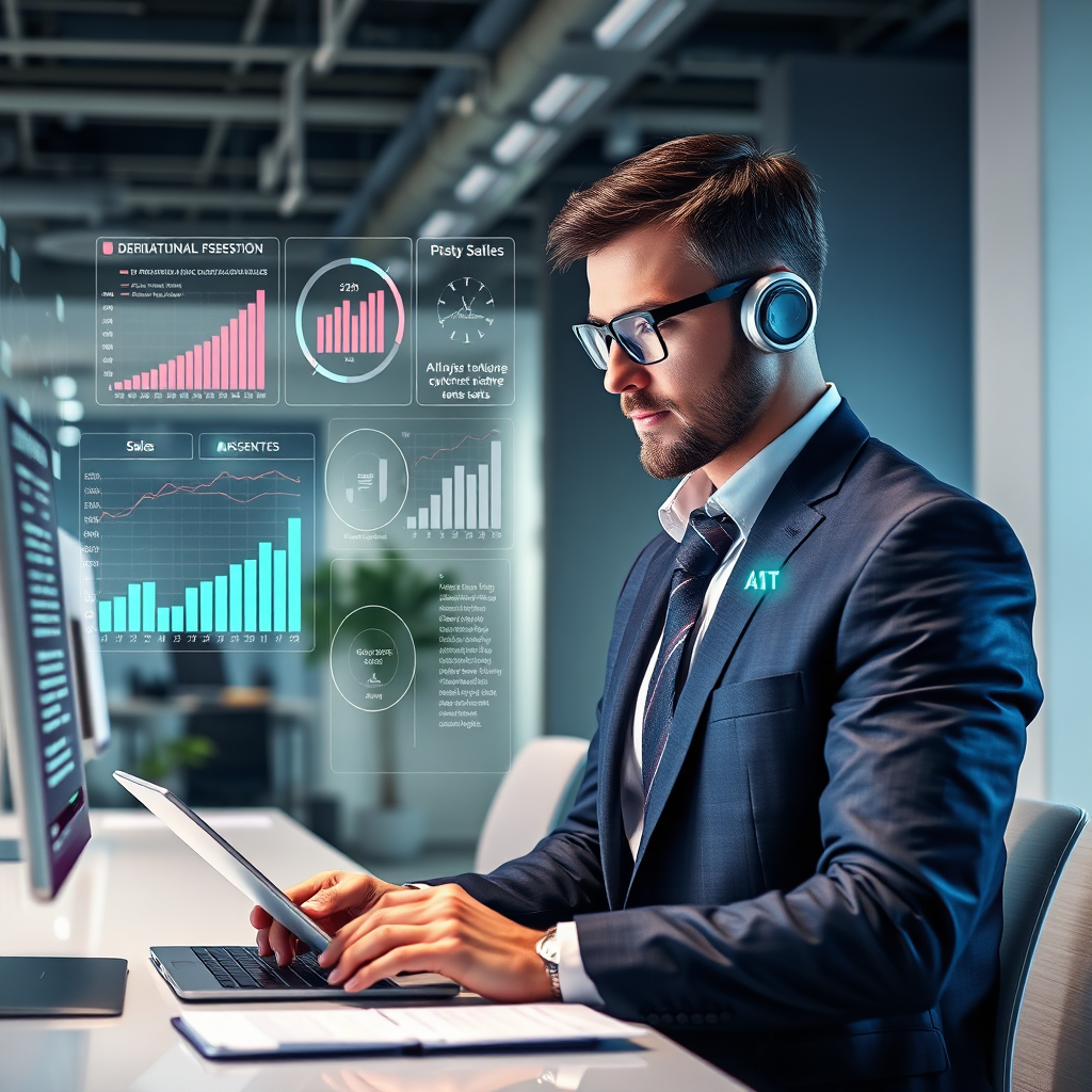 A photorealistic image depicting a data analyst using AI-powered tools to analyze sales data. The analyst is working in a modern office environment, with holographic displays showing key performance indicators and trends. The style should be professional and data-driven, inspired by business analytics firms.