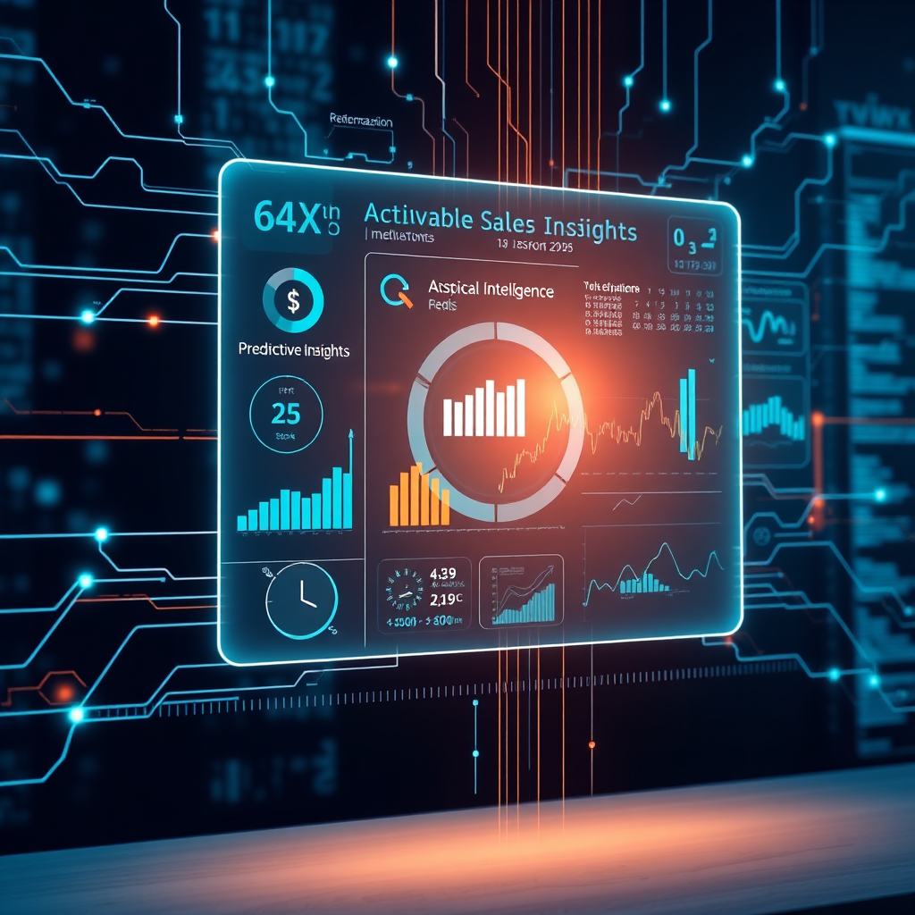 A photorealistic image depicting data streams converging into a holographic display showcasing actionable sales insights. The display shows key performance indicators (KPIs) and predictive analytics. Use a cool color palette with blues and greens to represent data and intelligence. Focus on clarity and visual appeal, making the information easily digestible. The style should be modern and tech-focused, inspired by data visualization dashboards. Include subtle visual cues like glowing lines and dynamic graphs. Ensure the lighting is balanced and creates a sense of depth.