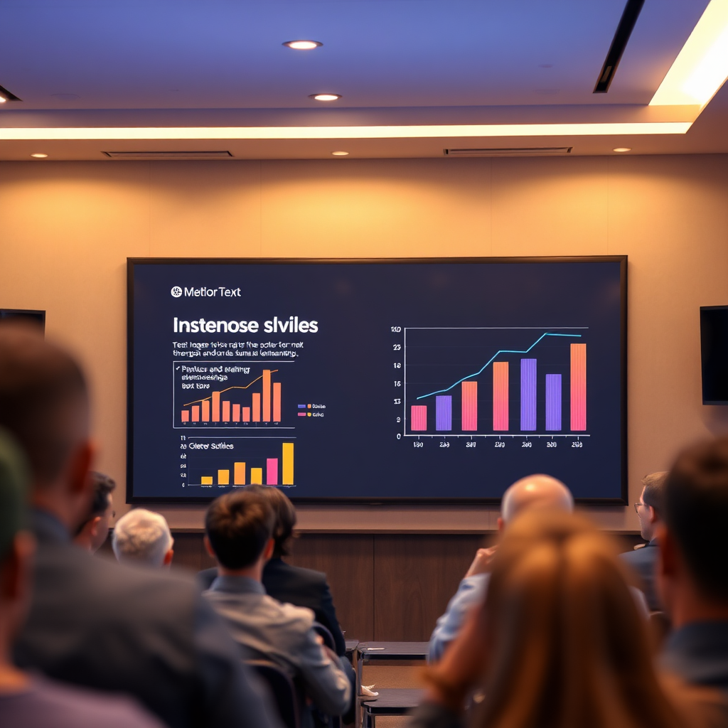 A photorealistic image depicting a slide presentation with dynamic animations. Text and charts smoothly transition into view, captivating the audience's attention. Soft, ambient lighting highlights the movement and vibrancy of the presentation. Modern design elements are incorporated, creating a visually appealing and engaging scene.