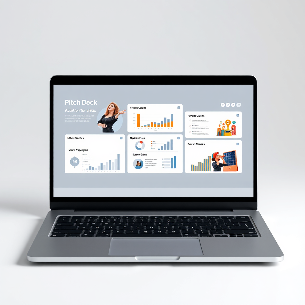 A photorealistic image featuring a modern laptop displaying a sleek pitch deck template. The template includes visually appealing charts, graphs, and images, designed to captivate potential investors. Soft, professional lighting enhances the visual appeal of the laptop screen.