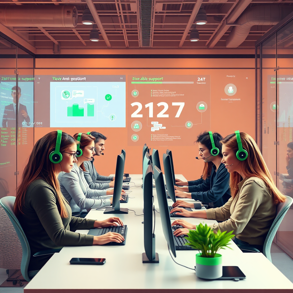 A photorealistic image of a 24/7 support team providing assistance to customers via various channels. The team is working in a modern and collaborative environment, with access to AI-powered tools and data. Use a warm and supportive color palette, with accents of green to represent availability and reliability. The style should be professional and customer-centric, inspired by technical support centers. Focus on conveying the message of continuous support and reliable service.