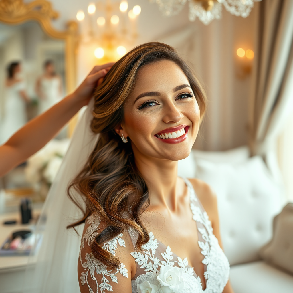 A photorealistic image of a bride getting her hair and makeup done on her wedding day. Focus on the joy and excitement in her expression. The background includes wedding accessories and a beautiful bridal suite. Lighting: romantic and ethereal. Style reference: bridal magazines.