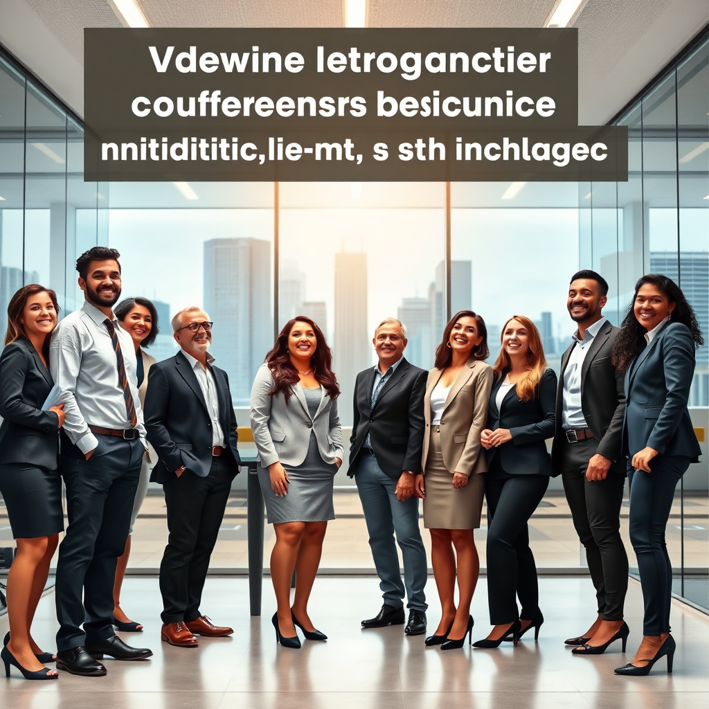 A photorealistic image of a diverse group of sales professionals standing together confidently, looking towards a bright future. The background is a modern office setting with a cityscape view, symbolizing opportunity and success. The atmosphere is optimistic and inspiring, with smiles and a sense of shared ambition. This image represents the program's appeal to ambitious professionals from all backgrounds.