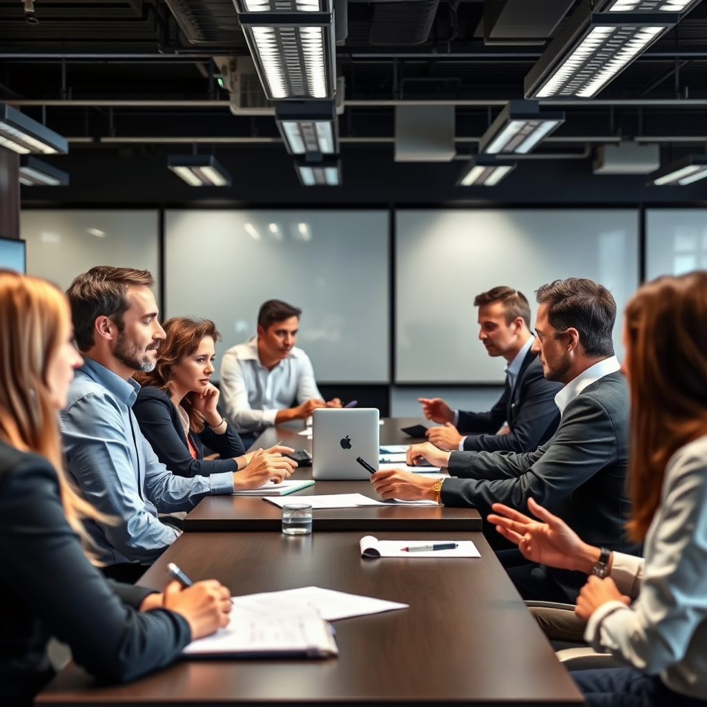 A photorealistic image of a group of sales professionals participating in a hands-on training workshop. The scene is energetic and interactive, with participants actively engaged in role-playing, simulations, and group discussions. The atmosphere is supportive and collaborative, with trainers providing personalized guidance and feedback. This image conveys the practical and immersive nature of the 'Sell Like a Pro' training.
