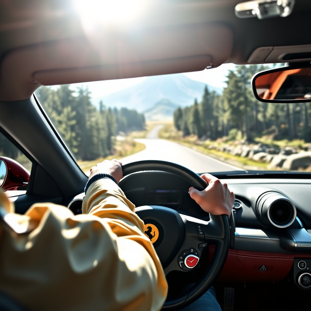 A photorealistic image of a person confidently gripping the steering wheel of a Ferrari, with a clear focus on the road ahead. The background is a scenic mountain road leading to a visible peak in the distance, symbolizing the climb to success. The sunlight is filtering through the trees, creating a sense of adventure and progress. The car's interior is luxurious and well-maintained, reflecting the premium quality of the training program.