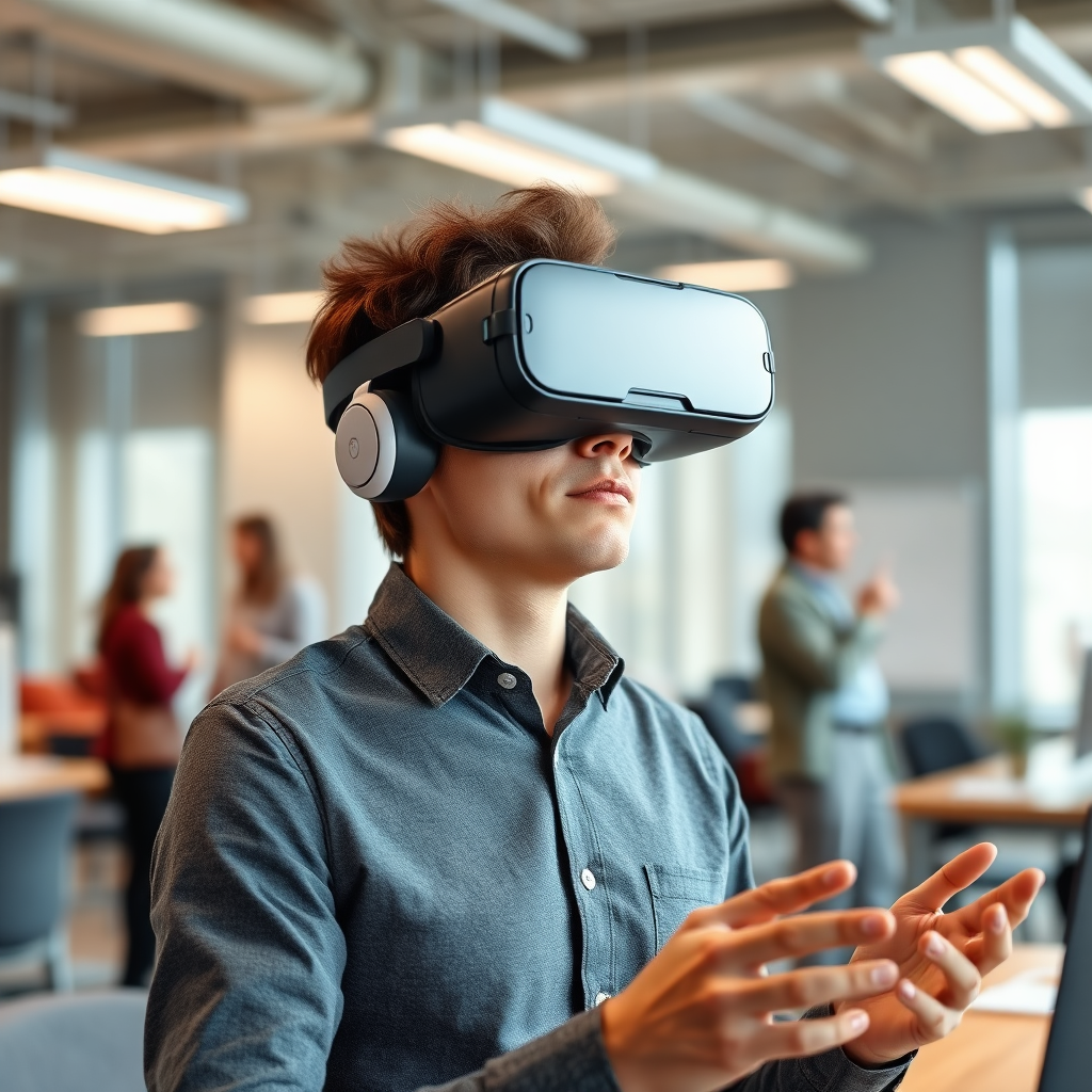 A photorealistic image of a person using a virtual reality headset to participate in a sales training simulation. The background is a modern office environment with colleagues collaborating and sharing insights. The person in the VR headset is fully engaged and immersed in the learning experience, demonstrating the effectiveness of the training tools and technologies.