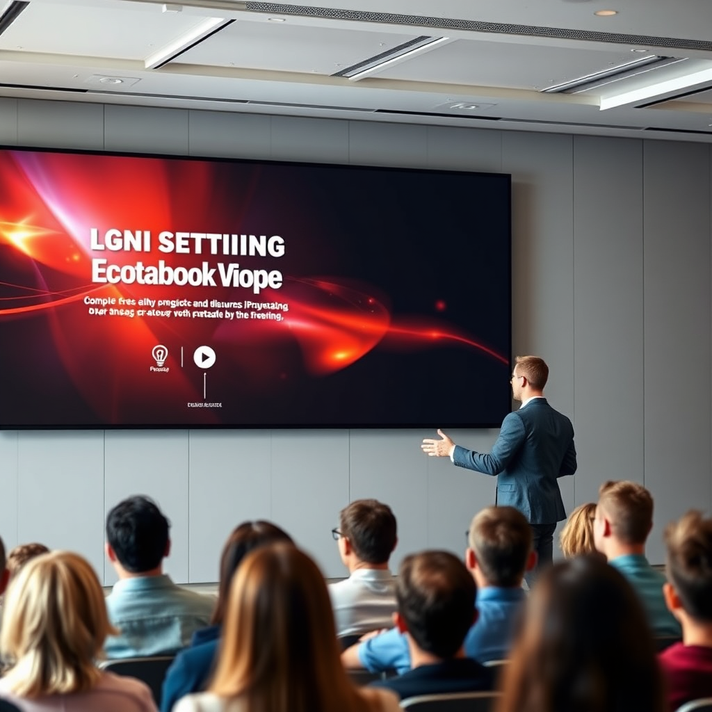 A photorealistic image of a presenter delivering a captivating presentation on a large screen. The presentation features dynamic visuals and engaging content. The audience is attentive and engaged, showcasing the effectiveness of the design.