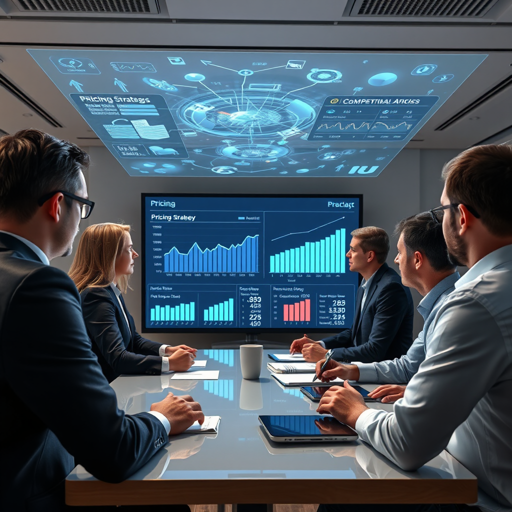 A photorealistic image of a pricing strategy meeting, with AI-powered tools providing insights on optimal pricing. The team is reviewing data on a large screen, with holographic projections displaying pricing scenarios and competitor analysis. Use a professional and collaborative atmosphere, with a focus on data-driven decision-making. The style should be modern and business-oriented, inspired by financial consulting firms. Focus on conveying the message of data-driven pricing optimization and increased profitability.