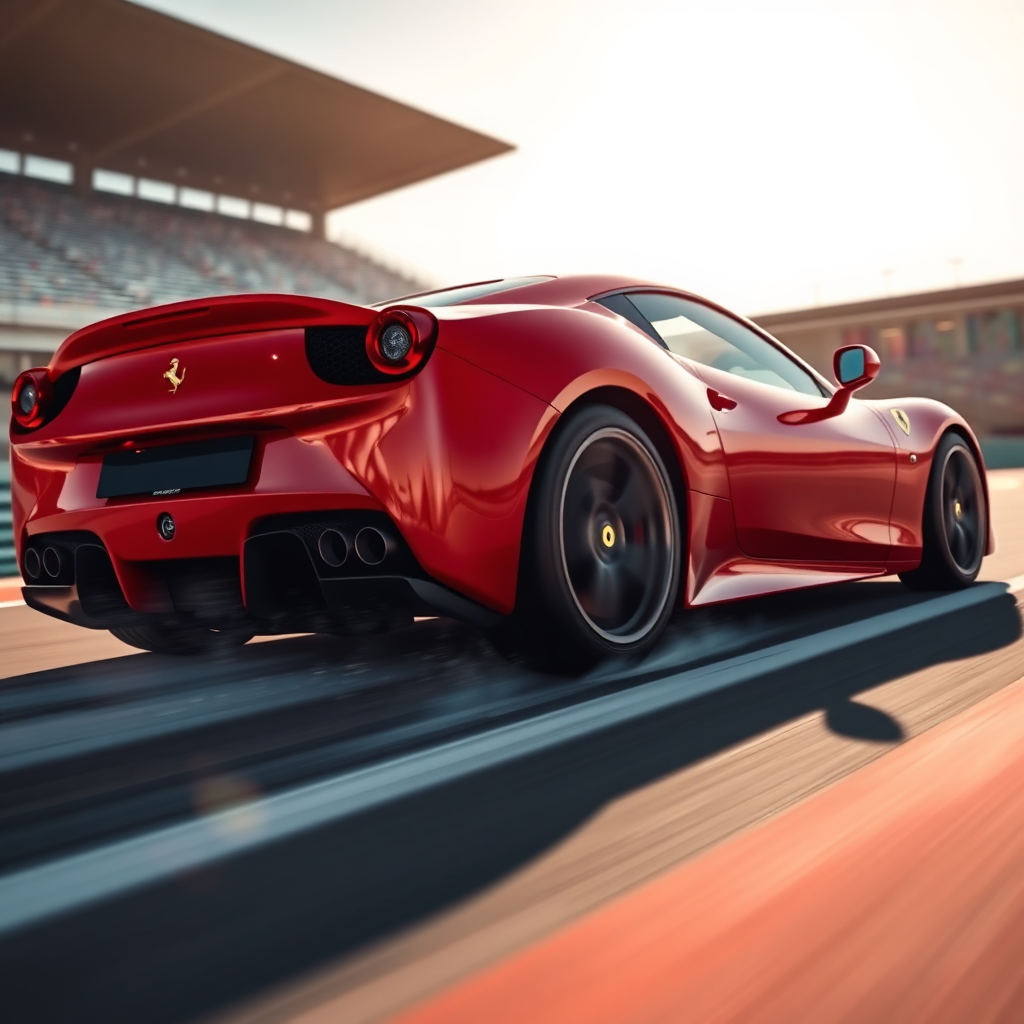 A photorealistic image of a red Ferrari accelerating rapidly, leaving a trail of light. The background is blurred to emphasize speed and motion. The car is positioned at a dynamic angle, showcasing its aerodynamic design. The focus is on the rear tires kicking up a slight mist, conveying power and traction. The scene is set on a racetrack with grandstands in the background, suggesting competition and achievement. The lighting is bright and dramatic, with highlights emphasizing the car's curves and details. This image embodies speed, power, and the thrill of achieving rapid sales growth through effective training.