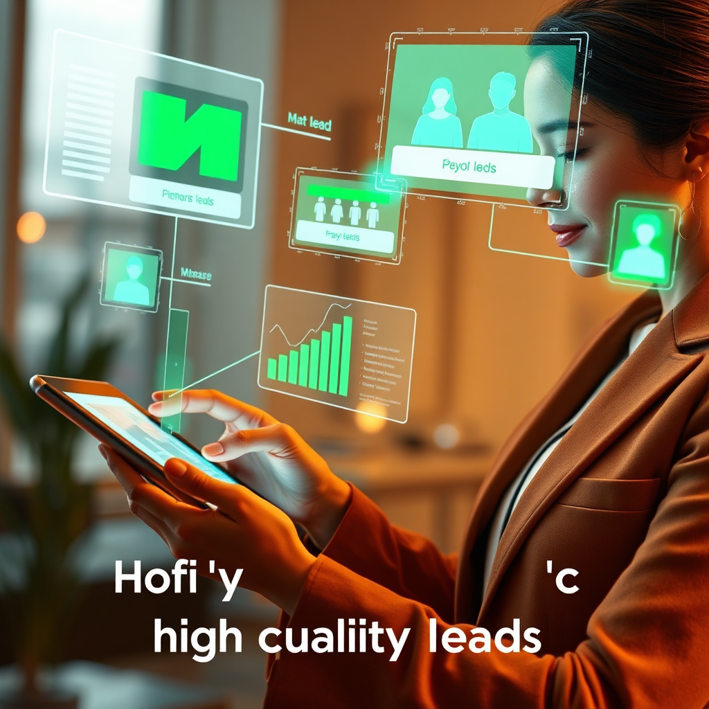 A photorealistic image of a sales professional using AI-powered tools to identify high-quality leads. The professional is analyzing data on a tablet, with holographic projections highlighting promising leads. Use a warm and inviting color palette, with accents of green to represent opportunity and growth. The style should be modern and professional, inspired by business technology advertisements. Focus on conveying the message of increased efficiency and effectiveness in lead generation.