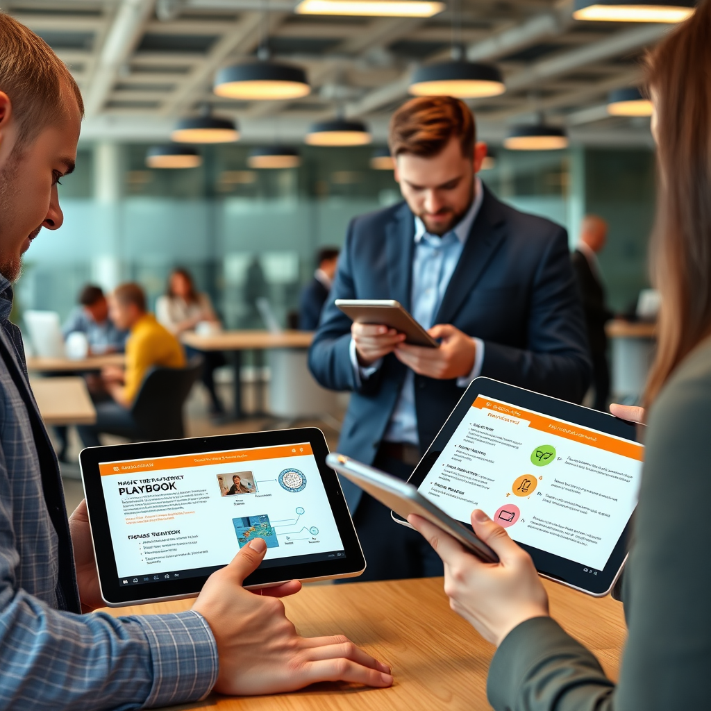 A photorealistic image of a sales team utilizing a digital playbook on their tablets. The playbook features clear instructions, visual aids, and actionable steps. The background is a modern office environment with collaborative workspace.