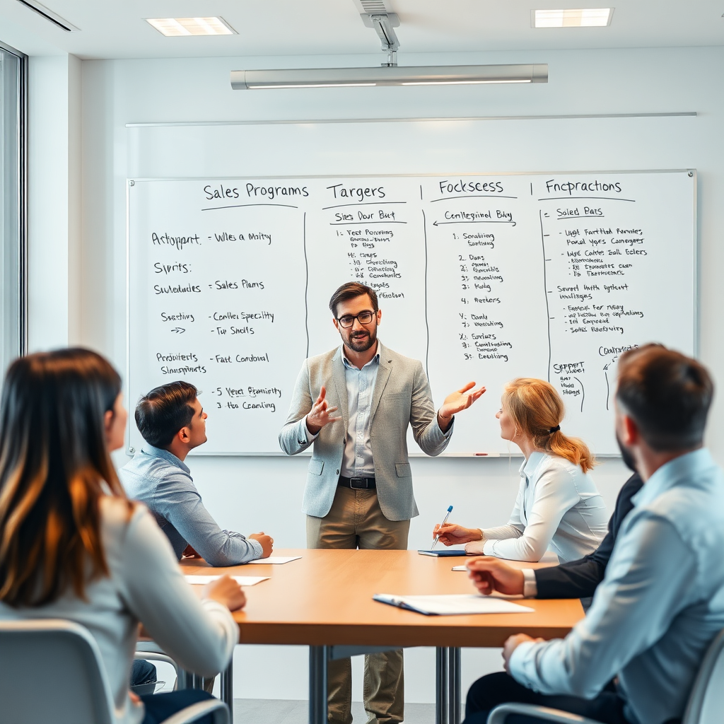 A photorealistic image of a sales manager leading a team meeting, providing guidance and support. The background is a modern office environment with a whiteboard filled with strategic plans and sales targets. The atmosphere is collaborative and empowering, with a focus on achieving collective success. This image represents the program's value for managers and leaders seeking to inspire and motivate their teams.