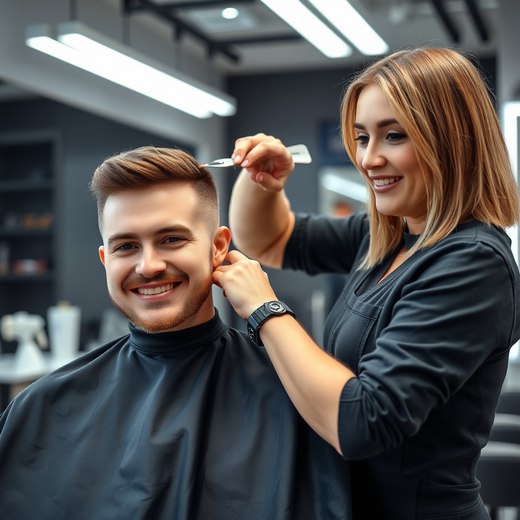 A photorealistic image of a stylist giving a precise haircut to a client. The focus is on the stylist's technique and the client's satisfied expression. The salon setting is modern and well-equipped. Lighting: even and flattering. Style reference: men's and women's haircut advertising.