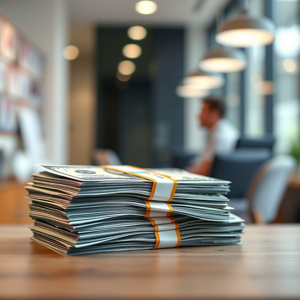A photorealistic image of a stack of cash, with a significant portion highlighted to represent the savings. The background is a modern office setting, symbolizing investment in professional development. The atmosphere is positive and rewarding, with a focus on financial benefit and value. This image represents the substantial savings and benefits of the training program.