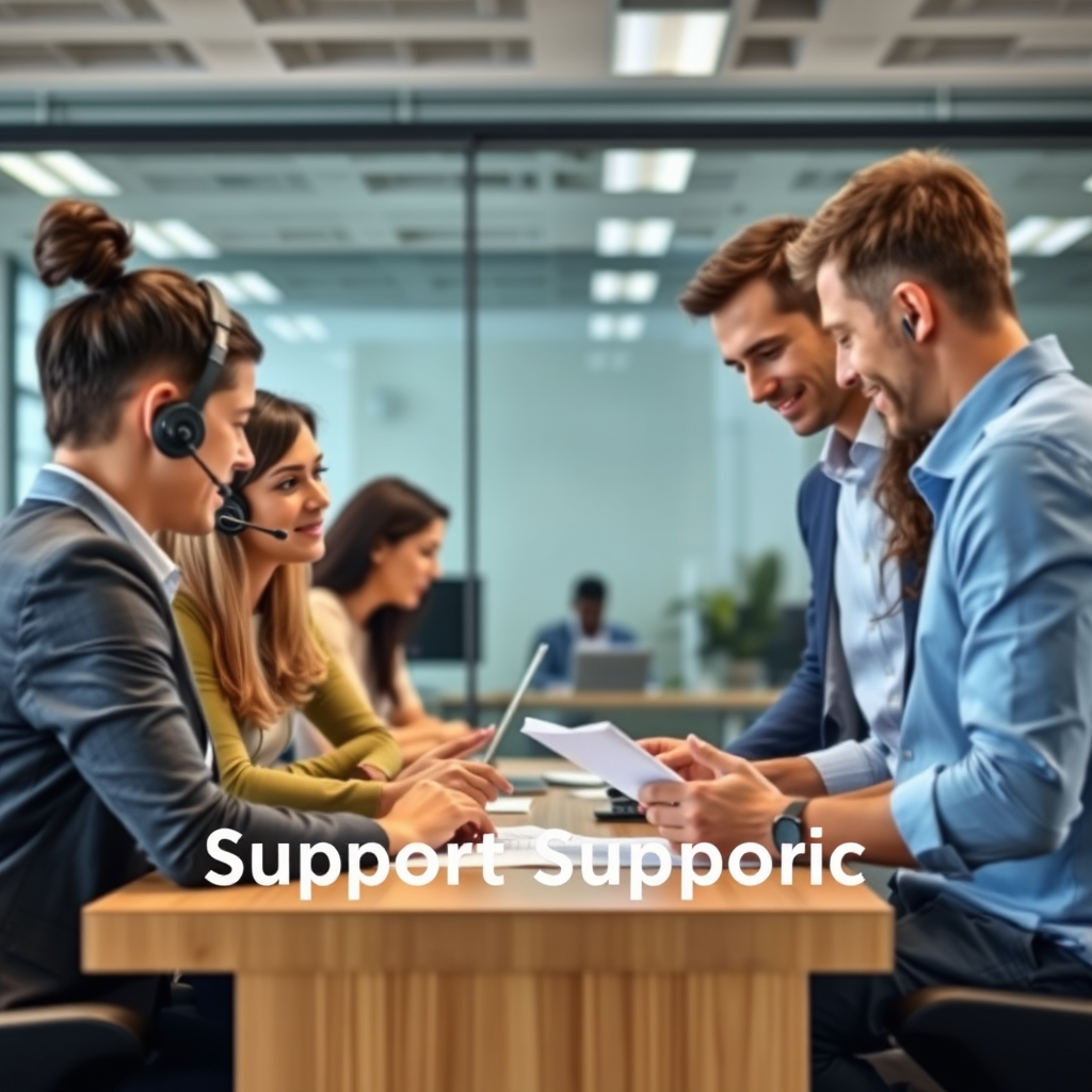 A photorealistic image of a support team working collaboratively to assist a client. The background is a modern office environment, symbolizing the professional support provided by the team. The atmosphere is supportive and helpful, with team members actively engaged in problem-solving and providing guidance. The image represents the ongoing support and assistance that participants will receive throughout the program.