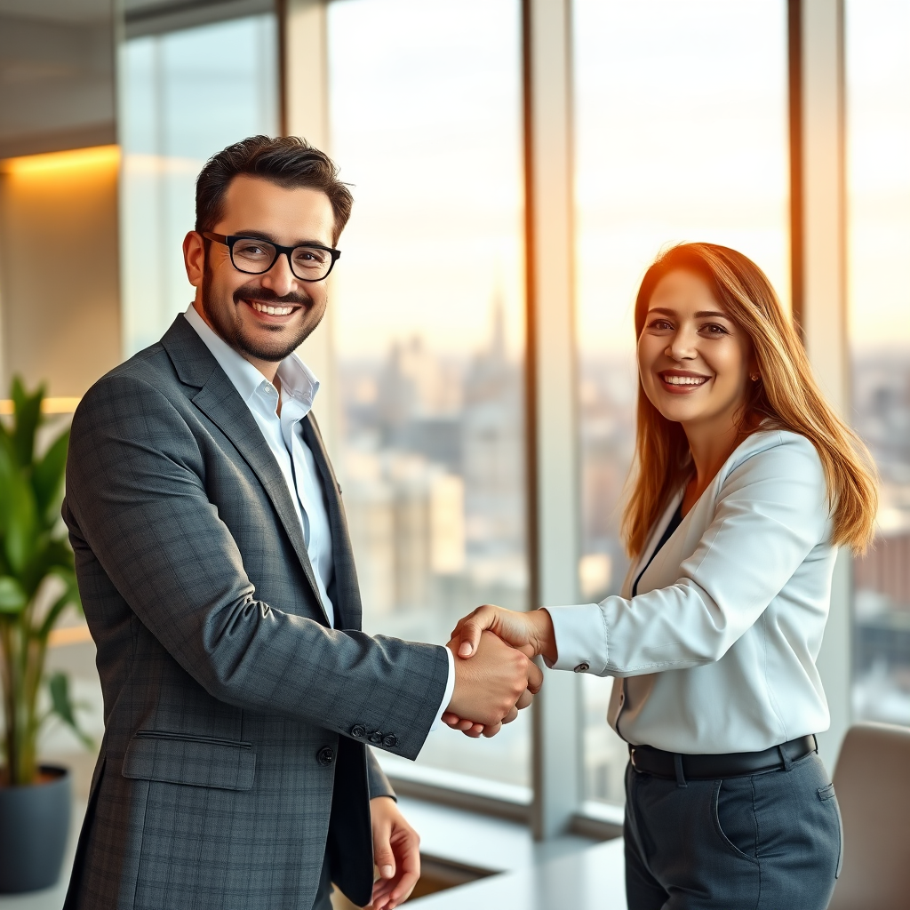 A photorealistic image of a successful salesperson confidently shaking hands with a client after closing a deal. The background is a modern office setting with a cityscape view. The atmosphere is positive and celebratory, with smiles and a sense of accomplishment. The lighting is warm and inviting, creating a sense of trust and partnership. This image represents the satisfaction of closing deals and building strong client relationships.