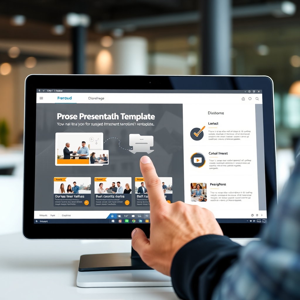 A photorealistic image of a user downloading a presentation template from a website. The template features a professional design and valuable content. The background is a modern office setting with blurred details.