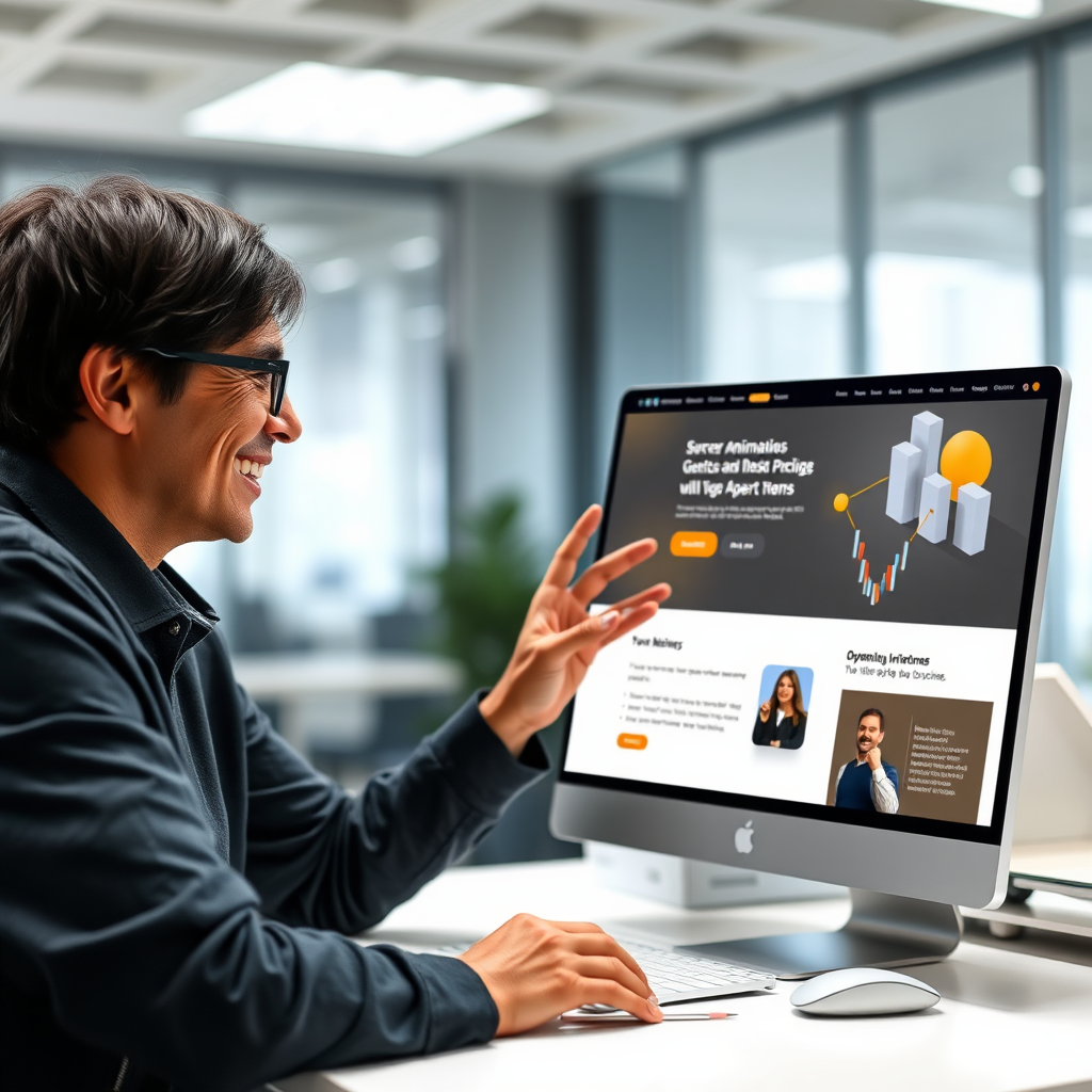 A photorealistic image of a user interacting with a website featuring dynamic animations and interactive elements. The user is actively engaged and smiling, showcasing the effectiveness of the design. The background is a modern office setting.