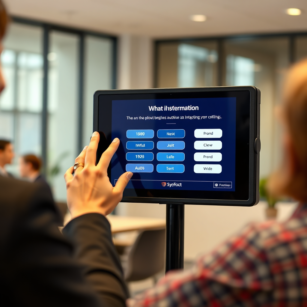A photorealistic image of a user interacting with a touchscreen display showing an interactive quiz during a presentation. The user is smiling and engaged, demonstrating the effectiveness of interactive elements. The background is a modern office setting with blurred details.