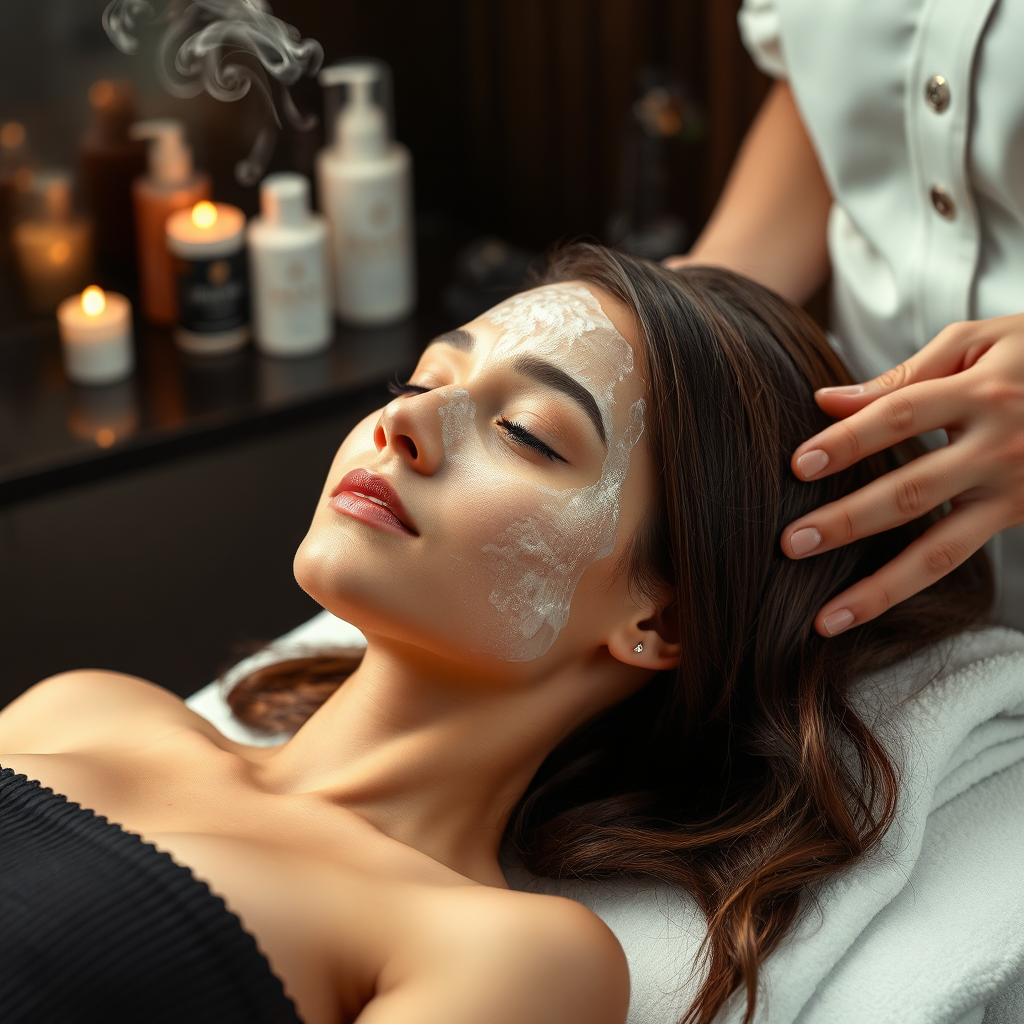 A photorealistic image showcasing a client receiving a luxurious hair treatment. She's reclined comfortably with a hair mask applied, steam gently rising from her hair. Emphasis on relaxation and pampering. The background features high-end salon products. Color palette: calming and luxurious. Style reference: spa treatment photography.