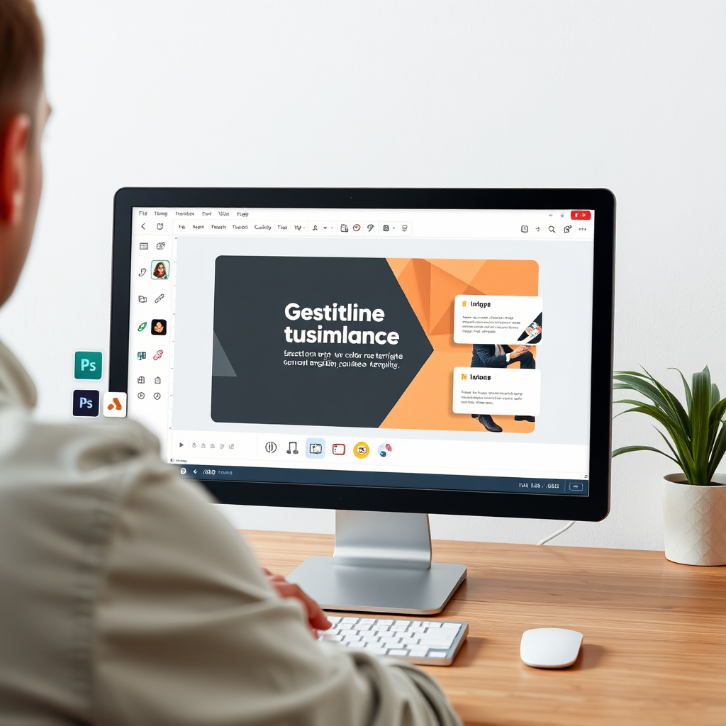 A photorealistic image showing a user customizing a presentation template on a computer screen. The interface is user-friendly and intuitive, allowing for easy adjustments to colors, fonts, and layouts.