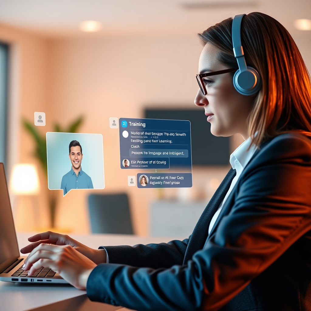 A photorealistic image showing a sales professional participating in an AI-powered training session. The professional is interacting with a virtual coach, receiving personalized feedback and guidance. Use a warm and encouraging color palette, with accents of blue to represent intelligence and learning. The style should be modern and interactive, inspired by e-learning platforms. Focus on conveying the message of personalized learning and skill development.
