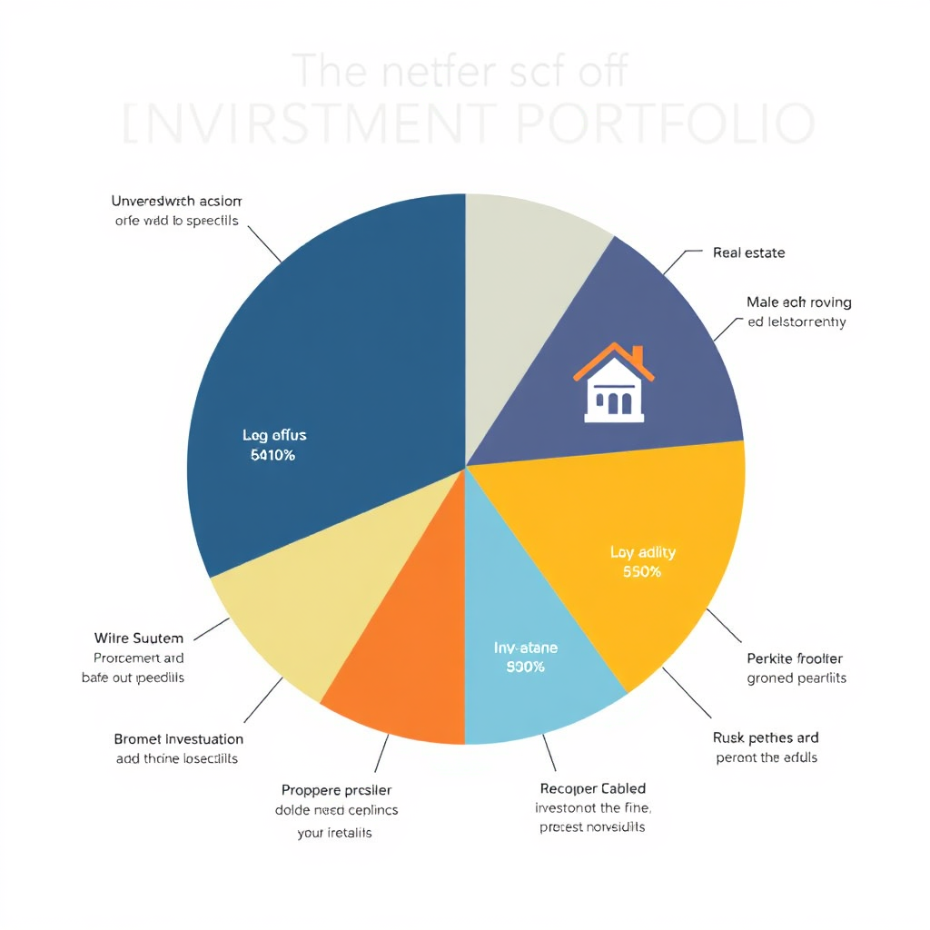 A pie chart illustrating a diversified investment portfolio, with real estate representing a significant portion. The composition emphasizes the benefits of diversification. The color palette is balanced and harmonious.