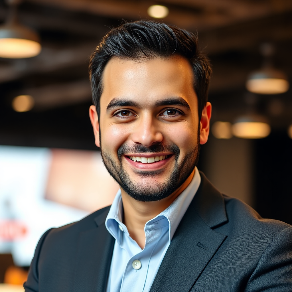 A professional headshot of Ali Thiab, the sales and marketing expert. He should be smiling confidently, exuding competence and trustworthiness. The background is a blurred office setting or a conference stage, suggesting his experience and expertise in the field. The lighting is warm and flattering, highlighting his approachable and engaging personality. This image represents the expertise and guidance provided by the trainer.