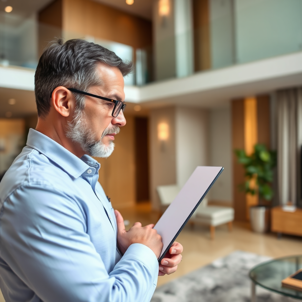 A property manager inspecting a luxury apartment, ensuring its upkeep and quality. The image should convey professionalism and attention to detail.