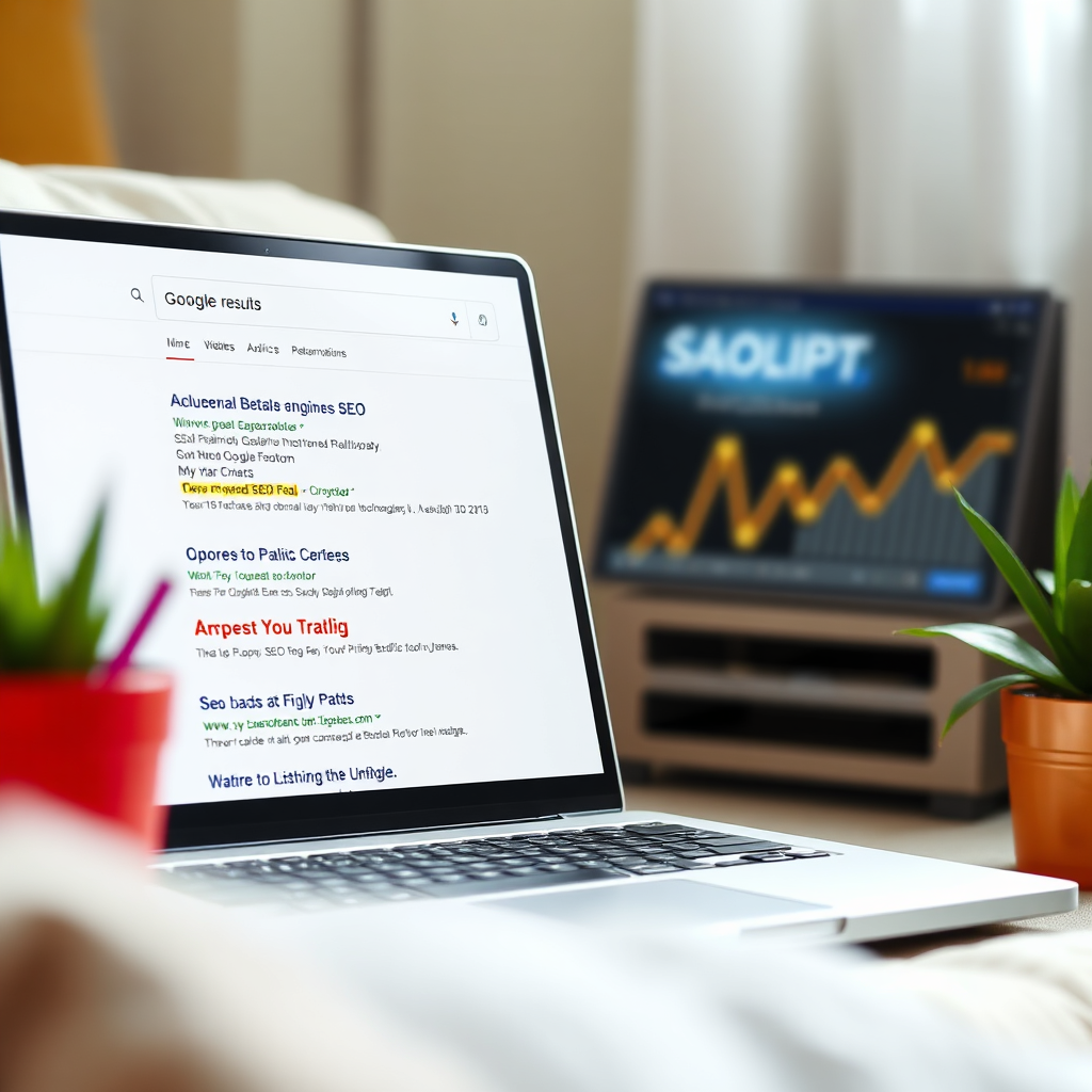 A search engine results page (SERP) with a website ranking highly for relevant keywords. The SERP should be clean and easy to read, with clear search results and ads. The composition emphasizes the importance of SEO in driving organic traffic to the website. Use a bright and cheerful color palette with pops of color to draw the eye. The lighting should be soft and diffused, creating a comfortable and welcoming atmosphere. Style reference: Google search results, SEO agencies.