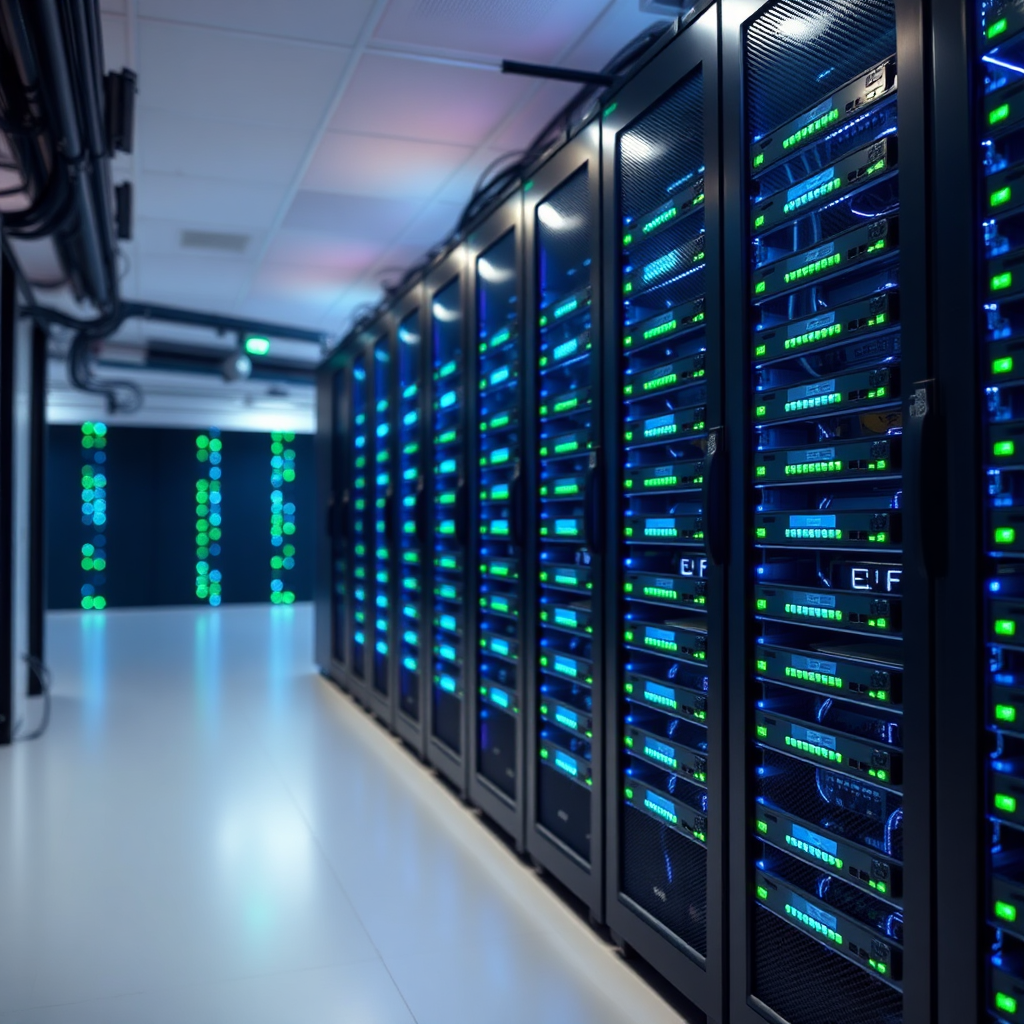 A server rack with blinking lights, symbolizing website hosting. The server rack should be clean and well-maintained, representing reliability and security. The composition should emphasize the importance of choosing a good hosting provider. Use a professional and trustworthy color palette with blues, greens, and grays. The lighting should be soft and diffused, creating a comfortable and welcoming atmosphere. Style reference: Data centers, web hosting provider websites.